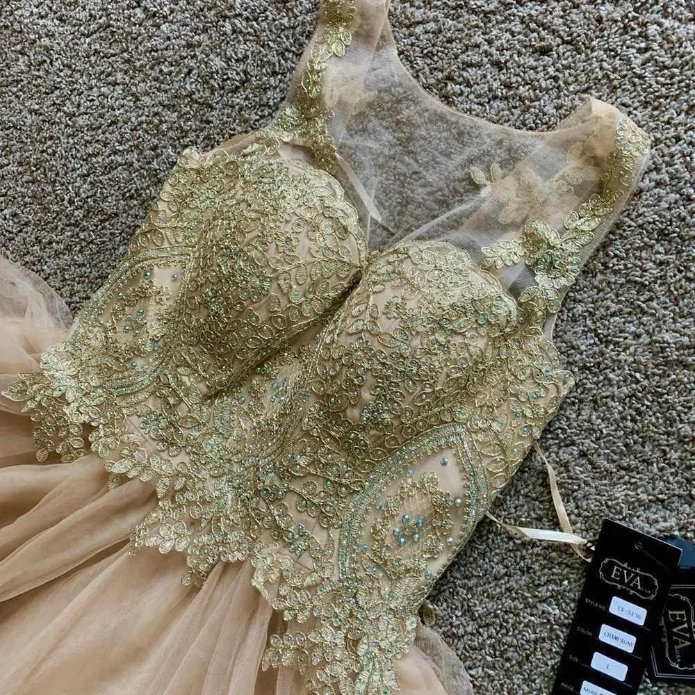 Mesh embroidered beaded Lace Short Ruffled  Dress